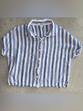 Forever 21 Blue & White Striped Cropped Button Up Top Size Small